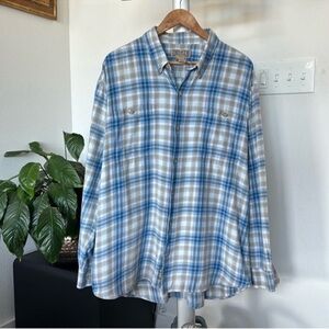 Duluth Men’s Free Swinging Flannel Plaid Button Up Shirt Sz XL Work Blue White